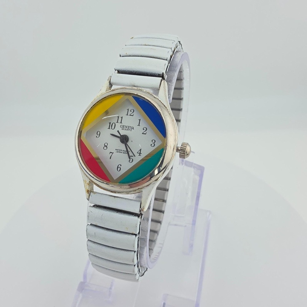 1980s GENEVA Ladies Watch Geometric Colorful White Stretch Band Silver Tone 7.5"